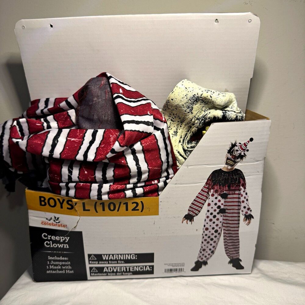 Way To Celebrate Boys Creepy Clown Halloween Costume L 10/12 Jumpsuit Mask